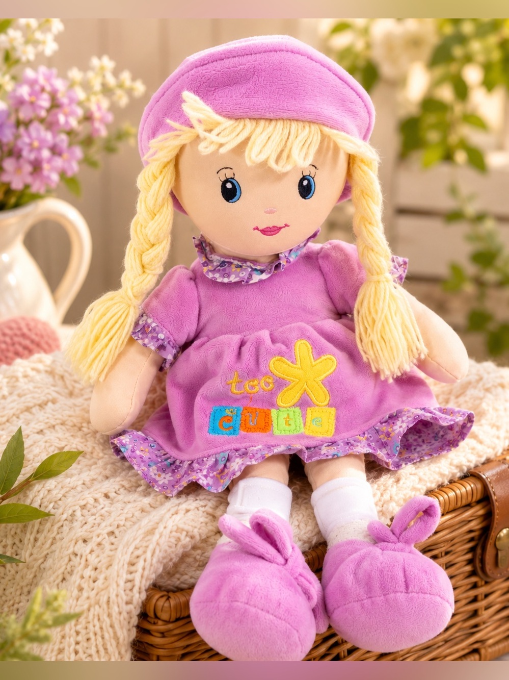 Linzy Too Cute 19” Plush Rag Doll Purple Dress Blonde Braids Stuffed Cloth Doll